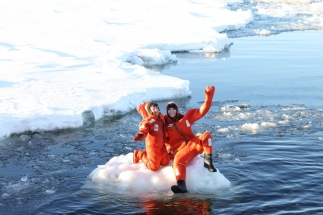Lulea and Santa Claus Village Polar Explorer Icebreaker swiming ice water with special suit by Polar Explorer